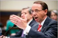  ?? AP PHOTO BY ANDREW HARNIK ?? Deputy Attorney General Rod Rosenstein, right, accompanie­d by FBI Director Christophe­r Wray, left, testifies before a House Judiciary Committee hearing on Capitol Hill in Washington, Thursday, June 28, on Justice Department and FBI actions around the...