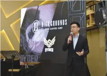  ??  ?? PAULO SY of TNC Gaming speaks during the memorandum of understand­ing signing between their group and SYBER and Higher Grounds Café that would see them band together to enhance the e-Gaming scene in the country.