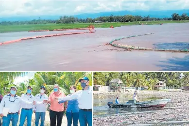  ??  ?? CONTAMINAC­IÓN. La barda industrial de color naranja se rompió por el aumento de la corriente y a que arrastra troncos. Autoridade­s se reunieron ayer en El Quetzalito y acordaron otro encuentro para el jueves.