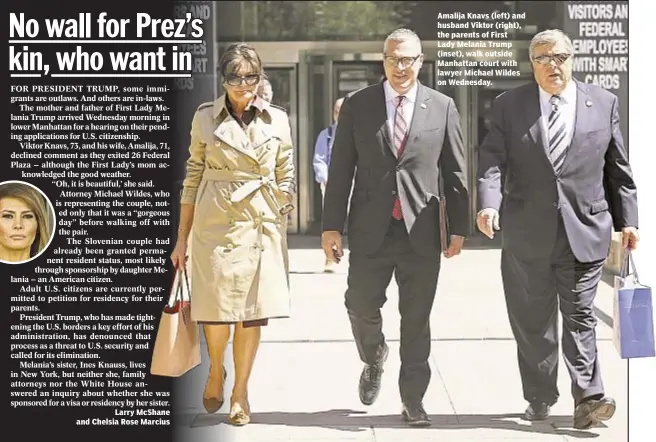  ??  ?? Larry McShane and Chelsia Rose Marcius Amalija Knavs (left) and husband Viktor (right), the parents of First Lady Melania Trump (inset), walk outside Manhattan court with lawyer Michael Wildes on Wednesday.