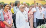  ?? PTI ?? (From left) CPI(M) leaders Brinda Karat, Biman Bose and Prakash Karat, with party general secretary Sitaram Yechury, at the inaugurati­on of 25th West Bengal conference in Kolkata Monday.