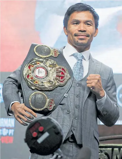  ?? AP ?? Pac Man. Manny Pacquiao es el campeón regular wélter de la AMB y peleará contra Keith Thurman.