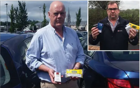  ??  ?? MAIN PHOTO: Former Garda Det Chief Super, Kevin Donohoe displaying the ‘Illicit Whites’ brand ‘Gold Mount’ counterfei­t pouch of ‘Amber Leaf’. INSET: Former Scotland Yard Detective Chief Inspector, Will O’Reilly displaying some of the illegal content...