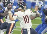  ??  ?? Bears quarterbac­k Mitchell Trubisky passes during Chicago’s victory over Detroit on Sept. 13.