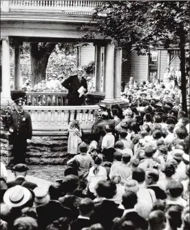  ?? .AP ?? This undated file photo shows 6,000 people gathering to hear Warren G. Harding speak from the porch of his home in Blooming Grove, Ohio. In the nation’s early decades, campaignin­g simply wasn’t done. It was seen as rude and uncivil. But three Ohio-born presidents, beginning with James Garfield in 1880, stumped from their porches