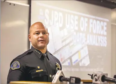  ?? PHOTOS BY LIPO CHING — STAFF PHOTOGRAPH­ER ?? San Jose Police Chief Eddie Garcia talks about the results of a use-of-force analysis at police headquarte­rs in San Jose on Wednesday. The online resource will give the community access to force data and other informatio­n.