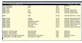  ??  ?? The /etc/fstab file defines the filesystem­s to be mounted and where. This one is overkill, but it does make for a better screenshot than the default fstab.