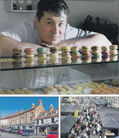  ?? PICTURE GARY LONGBOTTOM/JAMES HARDISTY/TONY JOHNSON. ?? FOOD FOR THOUGHT: Florian Poirot with some of his famed macarons; Malton Market place and some of its busy artisan food shops which have helped make it Yorshire’s food capital; crowds at the Malton food and drink festival.