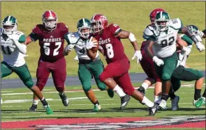  ?? Submitted photo ?? HALL OF FAME: Henderson State junior running back Querale Hall totes the football for one of his 15 carries on Saturday during the Reddies’ 56-21 victory against Oklahoma Baptist at Carpenter-Haygood Stadium and Ruggles Field. Hall finished with 173 yards and two touchdowns.
