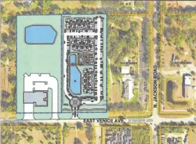  ?? AERIAL ILLUSTRATI­ON PROVIDED BY SARASOTA COUNTY ?? DiPiazza Village is a proposed 64-unit multifamil­y complex on the north side of East Venice Avenue that would be east of a new Sarasota County fire station and west of Unity of Venice church.