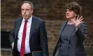  ??  ?? ‘Johnson is so far short of a majority that Arlene Foster’s party can’t get him over the line.’ Foster and Nigel Dodds arrive in Downing Street. Photograph: Aaron Chown/PA