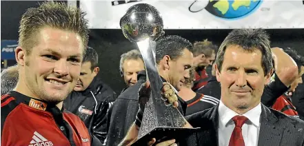  ?? NZPA, GETTY IMAGES ?? Former Crusaders captain Richie McCaw with the Super Rugby trophy after beating the Waratahs in the 2008 final. Below left: The Crusaders celebrate winning last year’s Super Rugby final against the Jaguares. Below right: Crusaders coach Scott Robertson celebrates winning a third straight title last year.