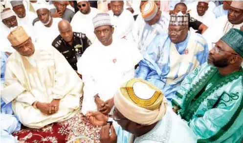  ?? From left: Gov. Ibrahim Gaidam of Yobe State; APC National Secretary, Mai Mala Buni; Senate Leader Ahmad Lawan; Sheikh Ahmad Suleiman and Sheikh Aminu Daurawa, during the wedding of Governor Gaidam’s daughter, Zahra Ibrahim Gaidam with Saleh Salisu Mohamm ??