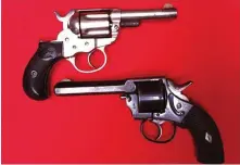  ??  ?? LEFT: Maybury Cape gun (top) and Colt Thunderer.
RIGHT: The .41 Colt (top) compared with the Webley .442.