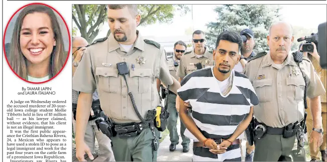  ??  ?? IN CUSTODY: Cristhian Bahena Rivera (above) arrives at court Wednesday to face charges he killed Iowa college student Mollie Tibbetts (above, left) last month. The Mexican immigrant’s arrest prompted renewed calls from President Trump for tougher border-control laws.