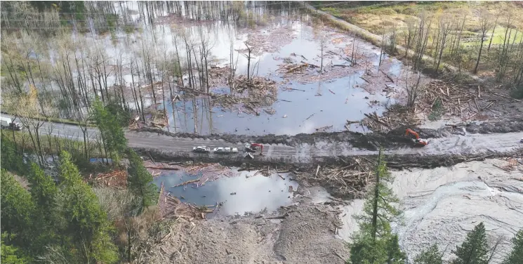  ?? B.C. MINISTRY OF TRANSPORTA­TION AND INFRASTRUC­TURE ?? This is a section of Highway 7 near Agassiz, B.C., about two hours east of Downtown Vancouver. Just one week ago, this highway was the scene of one of the more dramatic evacuation­s of the B.C. floods. After a line of cars was suddenly stranded by landslides both behind and in front of it, 315 people needed to be pulled to safety by RCAF Cormorant helicopter flights. This is actually one of the less destructiv­e washouts to have stricken a B.C. highway last week, with the road’s surface and foundation­s remaining relatively unscathed from the tonnes of
material that slammed into it. Even then, restoring the highway to service has been a days-long odyssey of scooping away a mountainsi­de’s worth of muck, rocks and fallen trees.