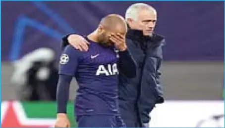  ??  ?? Jose Mourinho (right) and Lucas Moura walking away from field after Tottenham Hotspur got knocked out of the UEFA Champions Lea gue aggregate 4-0 defeat by RB Leipzig...last night