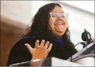  ?? Brian A. Pounds / Hearst Connecticu­t Media ?? Author Crystal Maldonado delivers the commenceme­nt address during class of 2022 commenceme­nt ceremonies at Quinnipiac University in Hamden Saturday.