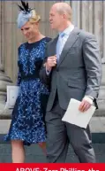  ??  ?? ABOVE: Zara Phillips, the queen’s granddaugh­ter, and her husband, Mike Tindall. RIGHT: Prince Charles and Camilla leave the cathedral.
