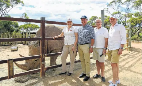  ?? /Kirstin Scholtz ?? Welcoming committee: From left, Elaine Bensted, CEO of Zoos South Australia, and The Australian Rhino Project directors Allan Davies, Paul White and Mark Stanbridge at Monarto Zoo, about 60km from Adelaide in south Australia. There are nearly 50 rhinos at Australian zoos and safari parks.