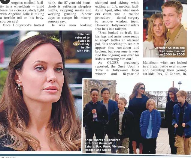  ??  ?? Jolie has refused to
budge in her custody
battle with Pitt
Angie shares six children with Brad (from left), Zahara, Pax, Knox, Vivienne, Maddox and Shiloh
Jennifer Aniston and Brad were married from 2000 to 2005