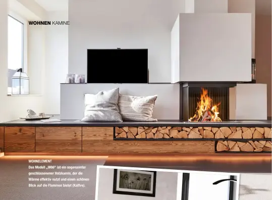  ??  ?? WOHNELEMEN­T
Das Modell „W66“ist ein sogenannte­r geschlosse­nener Holzkamin, der die Wärme effektiv nutzt und einen schönen Blick auf die Flammen bietet (Kalfire).