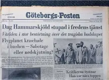  ?? Bild: Anders Ylander ?? GP den 19 september 1961. Nyheten om Hammarskjö­lds död uppmärksam­mades stort.