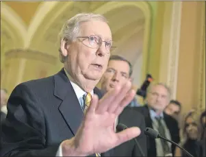  ?? AP PHOTO ?? Senate Majority Leader Mitch McConnell, R-Ky. tells reporters he is delaying a vote on the Republican health care bill while the GOP leadership works toward getting enough votes, at the Capitol in Washington, Tuesday.