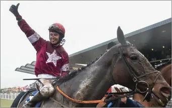  ??  ?? Flashback to happier times as Caim jockey J.J. Slevin reacts after winning the 2018 Irish Grand National fortrainer Gordon Elliott on General Principle.