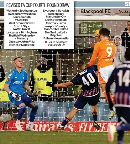  ?? PA ?? Tangerine dream: Joseph beats Murillo to Lyons’ looping cross to level for Blackpool