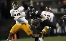  ?? ?? Colorado safety Trevor Woods (43) intercepts a pass intended for Arizona State tight end Jalin Conyers (12) in the second half of an NCAA college football game Saturday, Oct. 29, 2022, in Boulder, Colo.