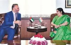  ?? WAM ?? ■ Dr Anwar Gargash in talks with Sushma Swaraj, India’s External Affairs Minister, in New Delhi.