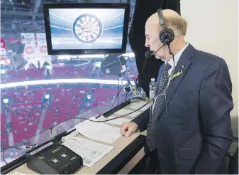  ?? GRAHAM HUGHES, THE CANADIAN PRESS ?? Legendary broadcaste­r Bob Cole looks out over the ice prior to calling his last NHL hockey game between the Montreal Canadiens and the Toronto Maple Leafs in Montreal on April 6, 2019.