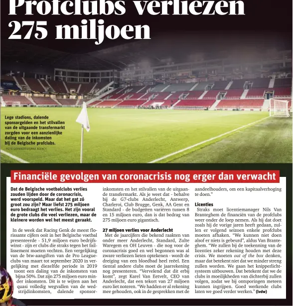  ?? FOTO GOYVAERTS/GMAX AGENCY ?? Lege stadions, dalende sponsorgel­den en het stilvallen van de uitgaande transferma­rkt zorgden voor een aanzienlij­ke daling van de inkomsten bij de Belgische profclubs.