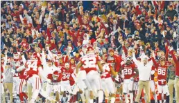  ?? Getty Images/tns ?? Oklahoma celebrates after the defense stopped the Texas Christian offense on fourth down in the fourth quarter on November 23, 2019, at Gaylord Family Oklahoma Memorial Stadium in Norman, Oklahoma.
