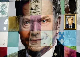  ?? FOTO: HEIKKI SAUKKOMAA ?? President Sauli Niinistös porträtt är en mosaik av hundra delar gjorda av
■ hundra konstnärer.