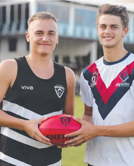  ?? Picture: TIM MARSDEN ?? Dillon Lewis (Sharks) and Kye Pescud (Surfers Paradise) now have a common pathway to senior football.