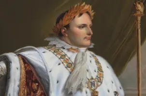  ??  ?? Napoléon en souverain législateu­r (détail), de Anne-Louis Girodet (1767-1824), en « grand habillemen­t » du sacre, vêtu du manteau impérial doublé d’hermine, portant le grand collier de la Légion d’honneur, et tenant son sceptre.
