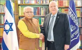  ??  ?? Chief minister Manohar Lal Khattar greeting Israel’s President Reuven Rivlin at the latter’s residence in Jerusalem, Israel, on Wednesday. HT PHOTO