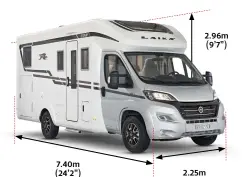  ??  ?? ⮊ Price From £77,022 (£85,317 as tested)
⮊ Sleeps 4
⮊ Belts 4
⮊ Base vehicle
Fiat Ducato
⮊ Engine 2.3-litre Euro 6
⮊ Length/width/height 7.40/2.25/2.96m (24’2”/7’4”/9’7”) ⮊ MTPLM 4250kg
⮊ Payload 625kg
⮊ Water (fresh/waste)
120/100 litres ⮊ Leisure battery 95Ah ⮊ Gas 2 x 6kg 7.40m (24’2”) 2.96m (9’7”) 2.25m (7’4”)