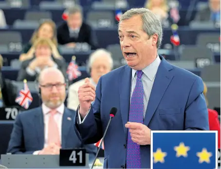  ??  ?? Nigel Farage delivers a fiery speech to MEPs yesterday, watched by Paul Nuttall