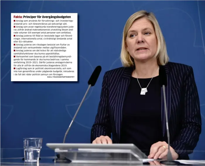  ?? Källa: FINANSDEPA­RTEMENTET Bild: THOMMY TENGBORG/TT ?? FÖRBEREDER BUDGET. Finansmini­ster Magdalena Andersson (S) redogör för hur övergångsr­egeringen kommer att arbeta med budgetprop­ositionen för 2019 om så blir nödvändigt.