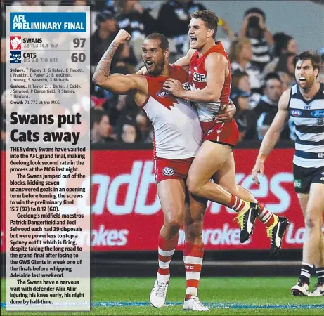  ?? Picture: AAP ?? Tom Papley leaps into the arms of Lance Franklin after the big forward kicked a goal in last night’s thrashing of Geelong.