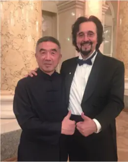  ??  ?? Martial artist Zhong Haiming with Peter Ritzen, a musician from Belgium, in Vienna, Austria, in July 2018