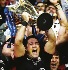  ??  ?? Untouchabl­es: Brad Barritt lifts the trophy after Saracens beat Racing 92 to claim the 2016 Champions Cup