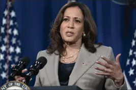  ?? JACQUELYN MARTIN — THE ASSOCIATED PRESS ?? Vice President Kamala Harris announces the cancellati­on of all federal student loans borrowed to attend any Corinthian Colleges, on Thursday, at the Department of Education in Washington.