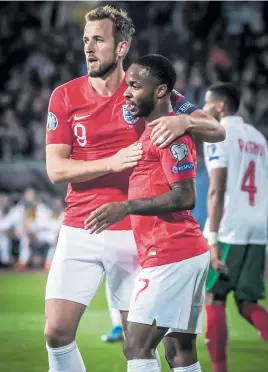  ?? Picture: EPA-EFE ?? TWO-GOAL HERO. England’s Harry Kane (L) and Raheem Sterling celebrate one of Sterling’s two goal against Bulgaria.