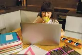  ?? GETTY IMAGES ?? Schoolgirl does homework and eats green apple at home