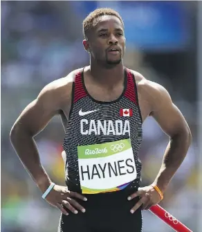  ?? CAMERON SPENCER/GETTY IMAGES/FILES ?? Akeem Haynes’ four-by-100-metre relay team won bronze at the Rio Olympic Games last summer.