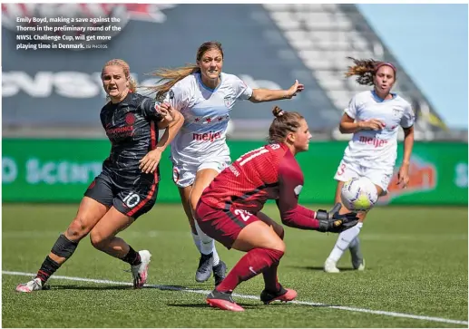  ?? ISI PHOTOS ?? Emily Boyd, making a save against the Thorns in the preliminar­y round of the NWSL Challenge Cup, will get more playing time in Denmark.